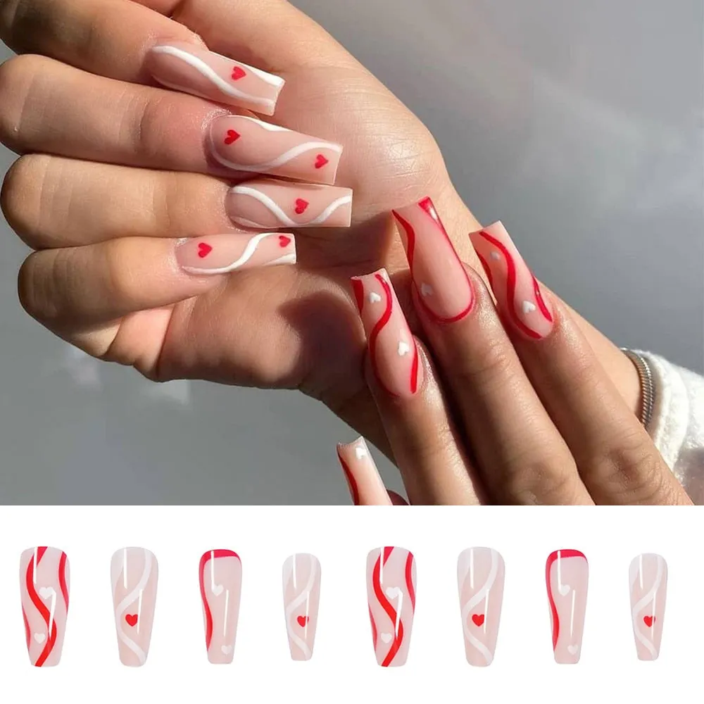 24Pcs Long Coffin False Nails with Colorful Wave Designs Wearable Fake Nail Full Cover Nail Art Tips Press on Nail Manicure Tool 515-1-Nail Inspo