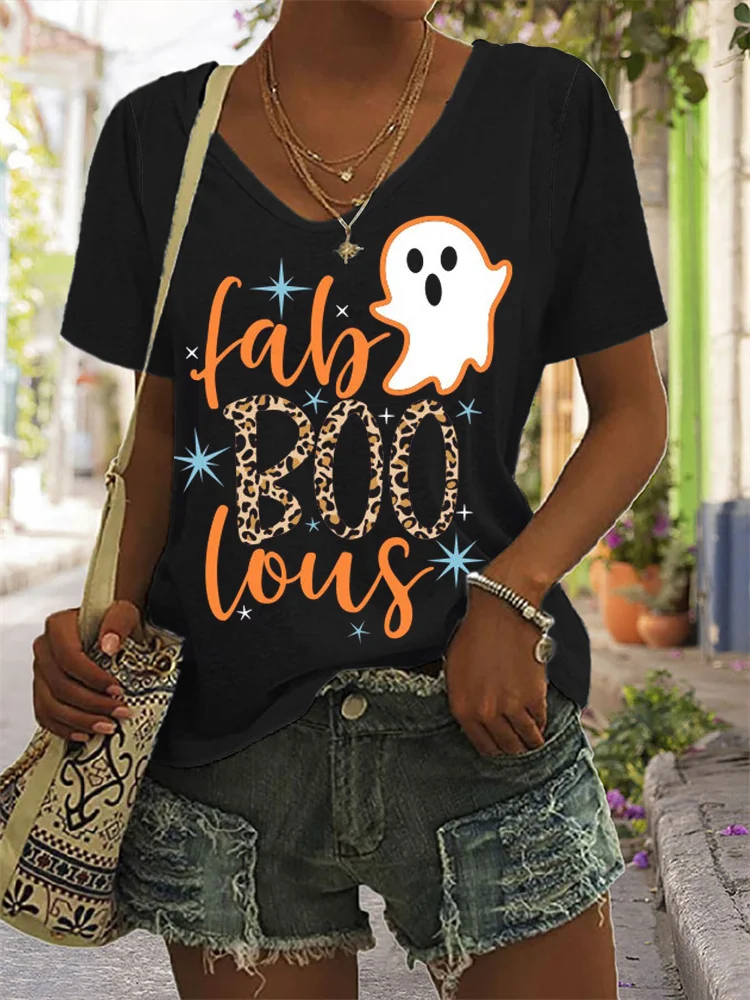 Halloween Ghost Print V Neck T Shirt
