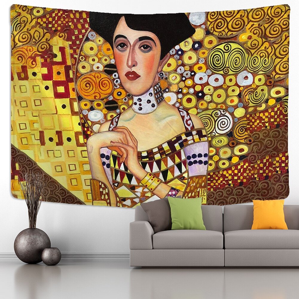 Gustav Klimt Oil Painting Tapestry Wall Hanging Kiss Of Gold Abstract Art Decoration Polyester Blanket Yoga Mat Home Bedroom Art