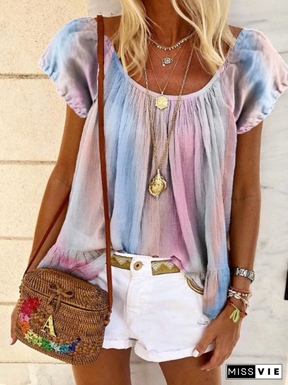 Short Sleeve Cotton-Blend Ombre/tie-Dye Tops