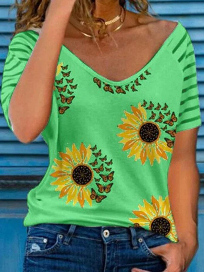 Women's Floral Printed Striped Casual Short Sleeved V-neck Loose T-shirt Top