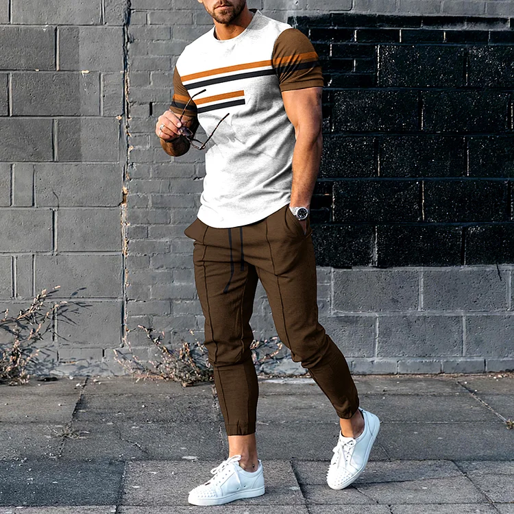 BrosWear Contrasting Khaki Stripes Short Sleeve T-Shirt  And Pants Co-Ord