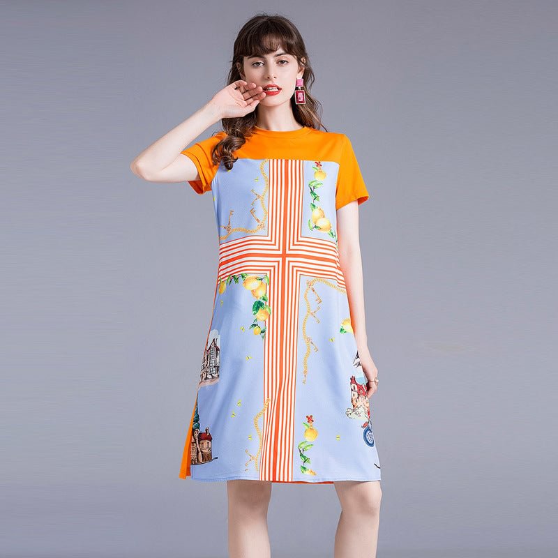 Summer Plus Size Women's Fashion Loose Dress Round Neck Short Sleeve Printed