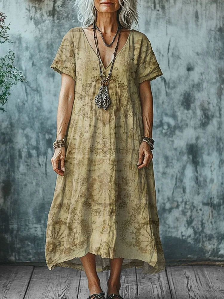 Women's  Vintage Symmetry Art Print Pocket Cotton Dress