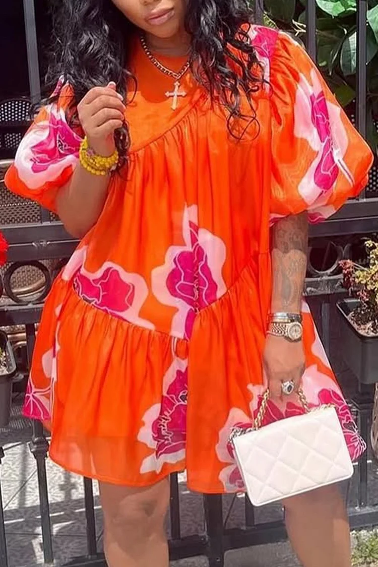 Plus Size Vacation Orange Floral Round Neck Puff Sleeve Short Sleeve Casual Mini Dresses [Pre-Order] 2024 - Xpluswear