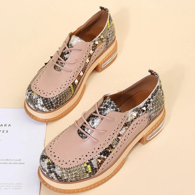35~43 Big Size Vintage British Style Oxfords Round Toe Gold Green Pink Lady Lace Up Brogues Loafers Casual Shoes For Women