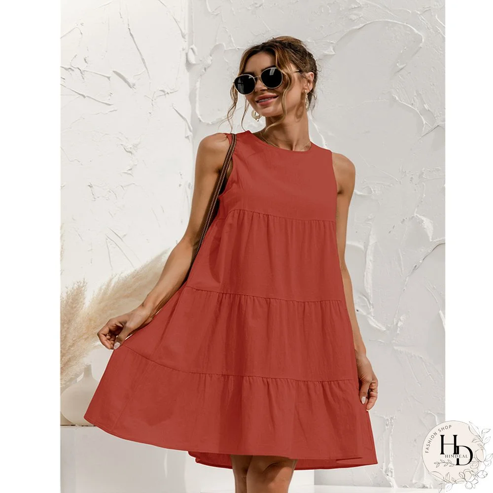 Summer Women Vest Dress Cotton O-Neck Sleeveless Solid Midi Dress Stitching Large Swing Casual Loose Sundress Vestidos