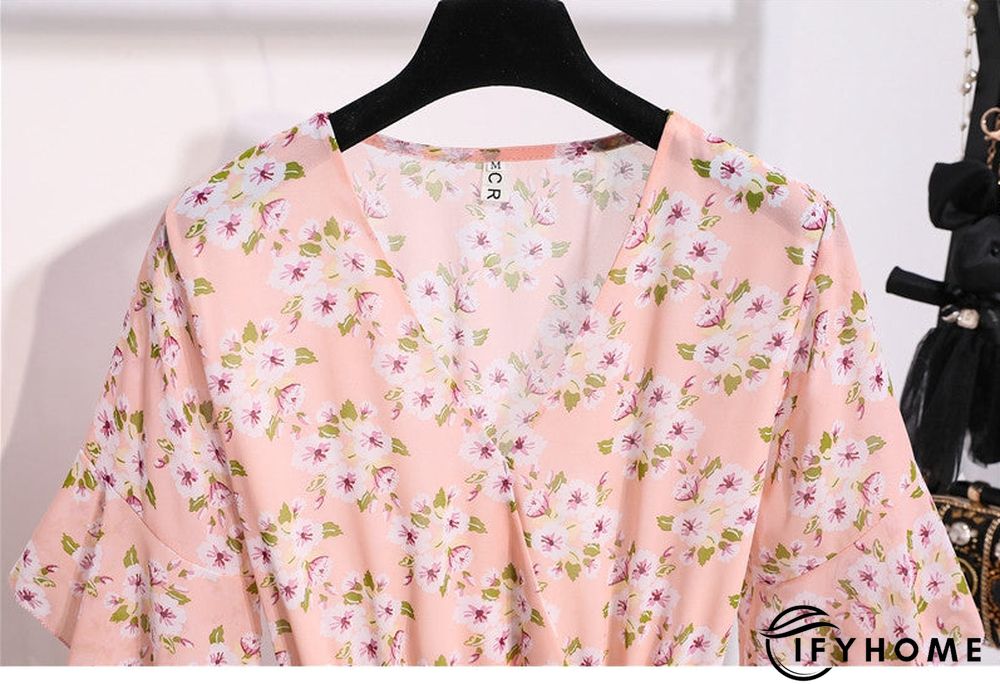 Spring Summer Chiffon Women V-Neck Floral Print Short Dresses Sweet Ruffle Sleeeve Slim Drawstring Ladies Dress | IFYHOME