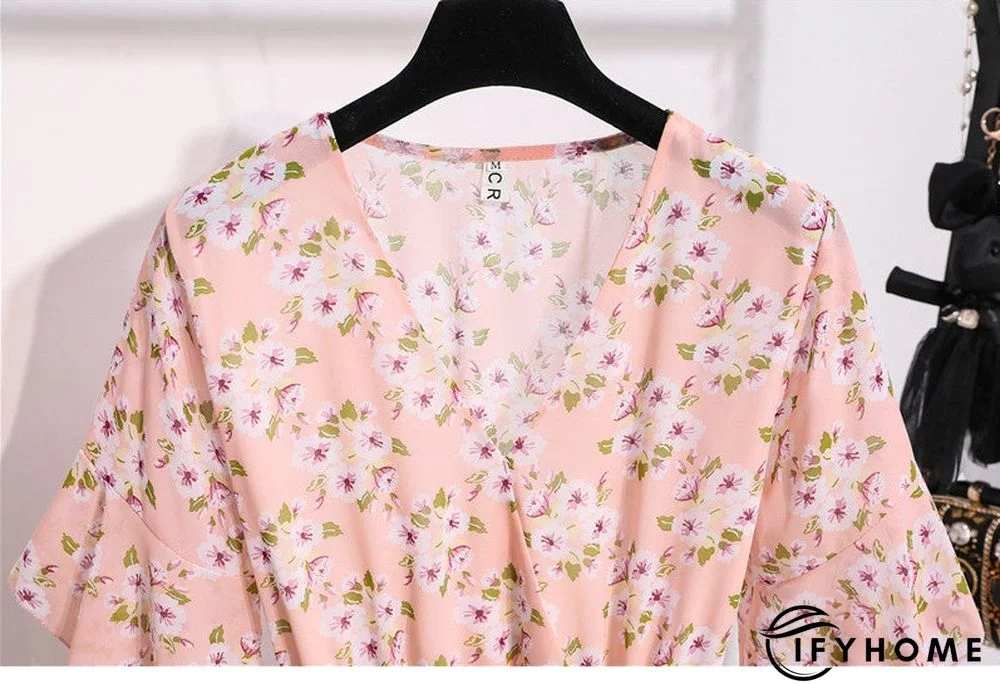 Spring Summer Chiffon Women V-Neck Floral Print Short Dresses Sweet Ruffle Sleeeve Slim Drawstring Ladies Dress | IFYHOME
