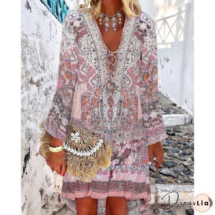 Casual Color Block V-Neckline Above Knee A-line Dress