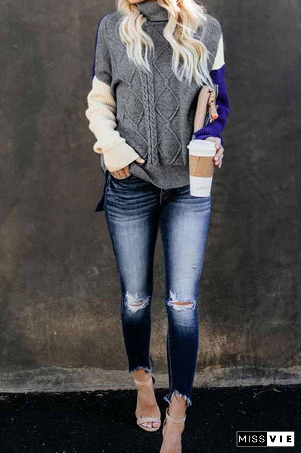 Loose High Neck Striped Double Color Sweater