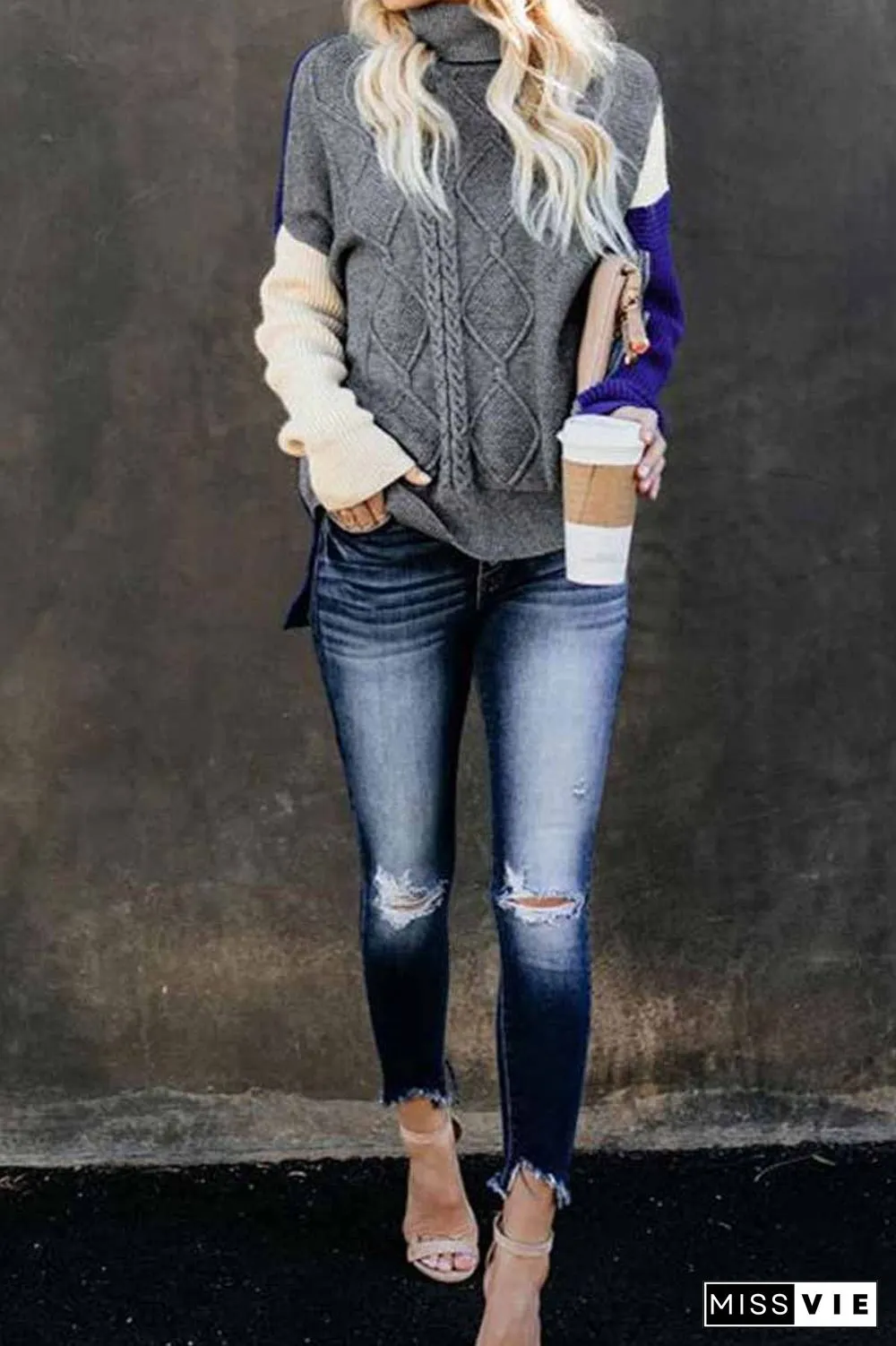 Loose High Neck Striped Double Color Sweater
