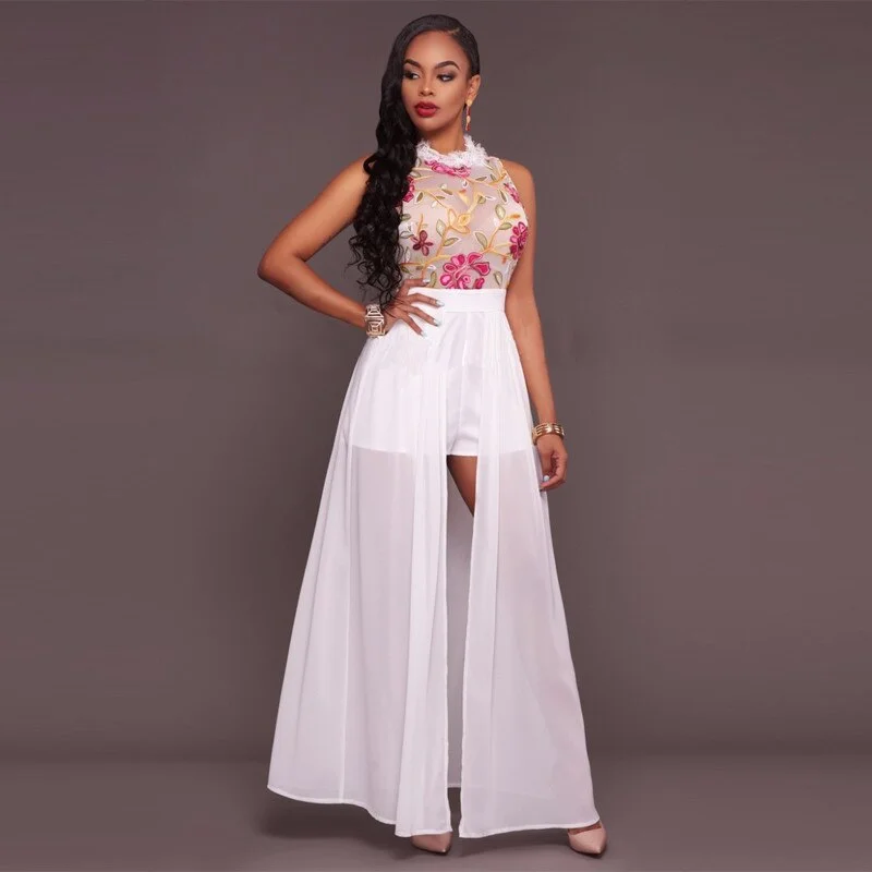 Women Elegant Long Jumpsuit Overalls  New Fashion Sexy Sheer Mesh Embroidery Summer Jumpsuit Chiffon Club Party Women Romper