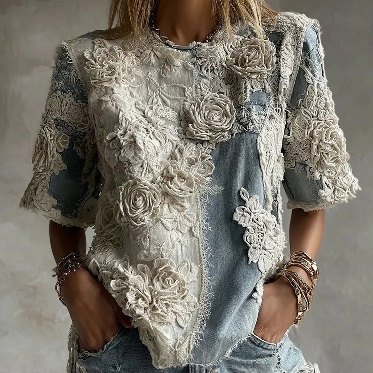 Women's White Rose Paneled Denim Linen T-shirt