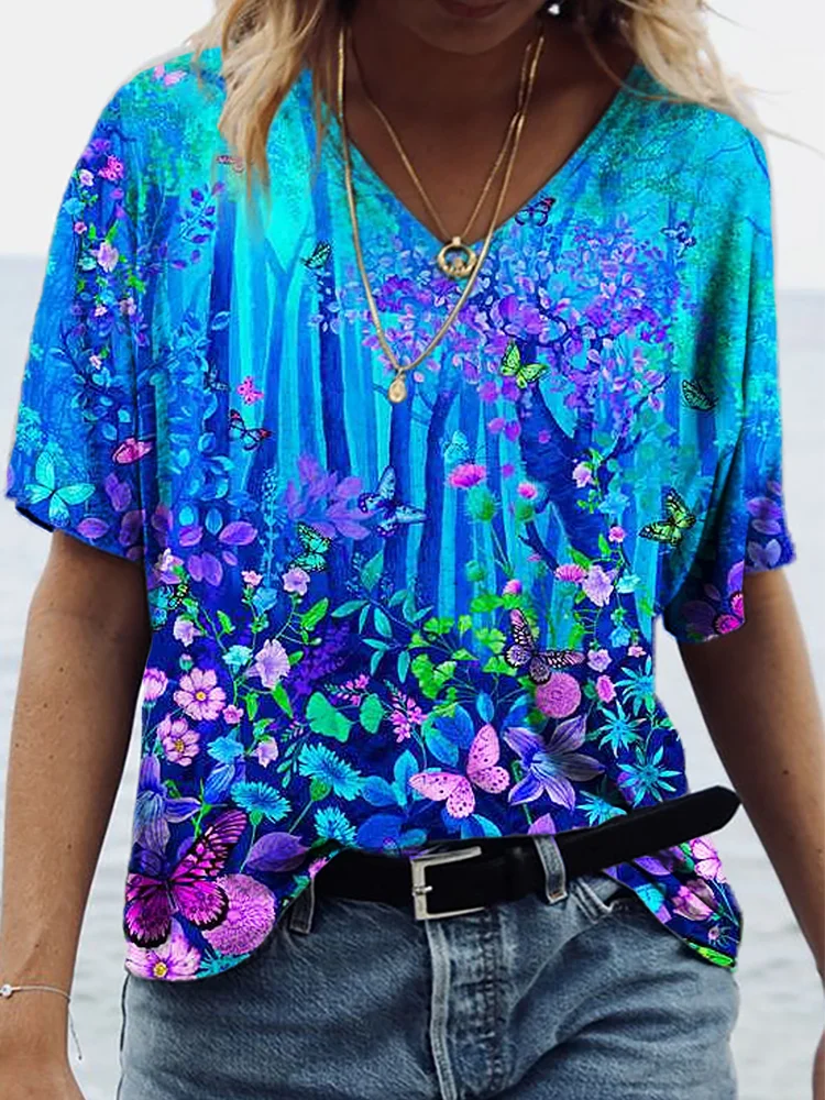 Butterflies & Blooming Flowers Art V Neck T Shirt