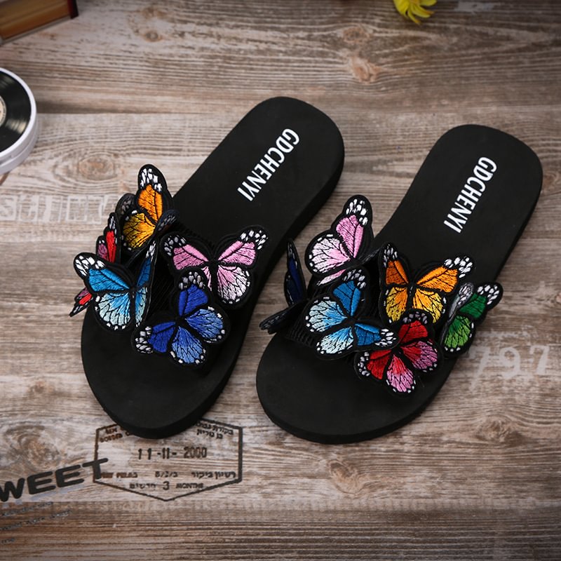 Thong Flat Embroidered Colorful Butterfly Beach Flip-Flops Slippers
