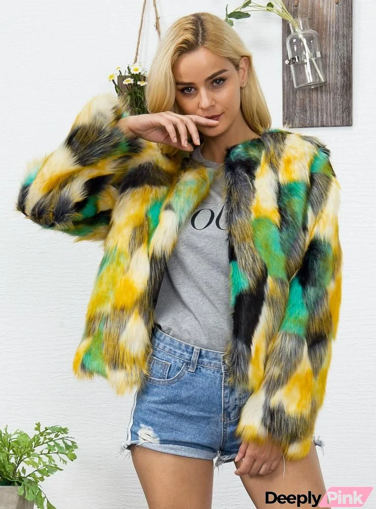 Women Colorful Gradient Long Sleeve Faux Fur Jacket