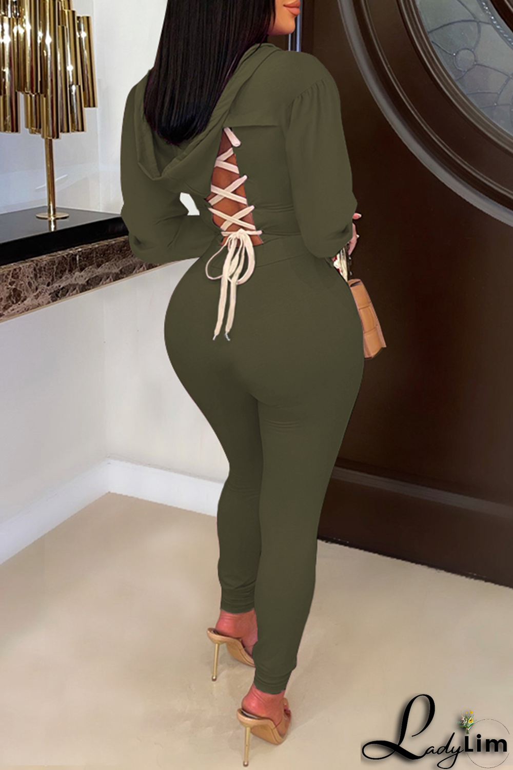 Black Casual Solid Draw String O Neck Long Sleeve Two Pieces