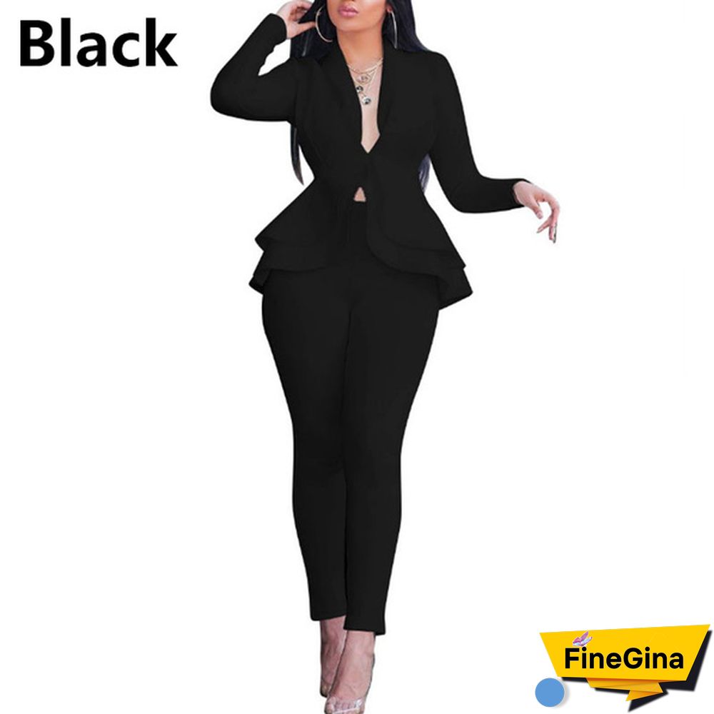 Women's Formal Office Outfits Work Blazer Business Jacket Pants Ruffle Suit Set Solid Color