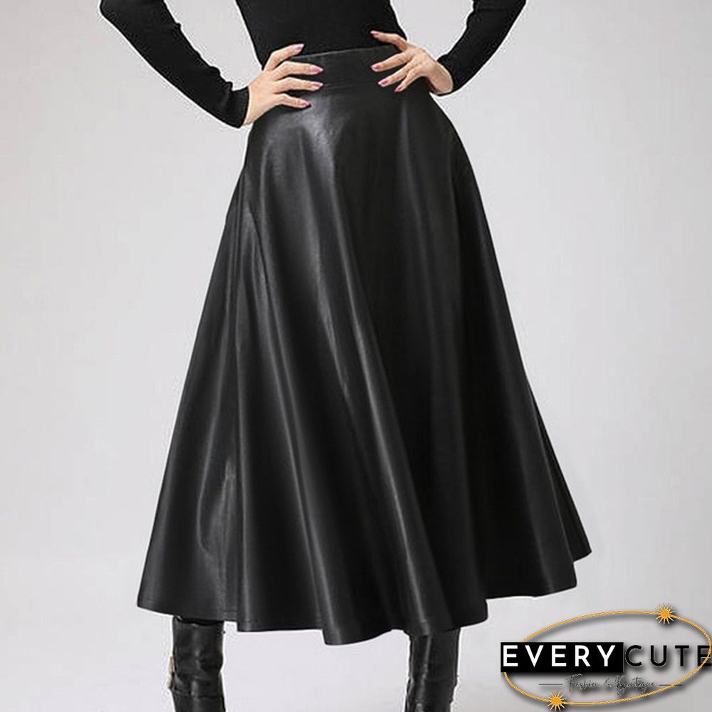 S- Women Faux Leather Vintage Maxi Long Skirts High Waist Pleated Big Swing Skirt Dress