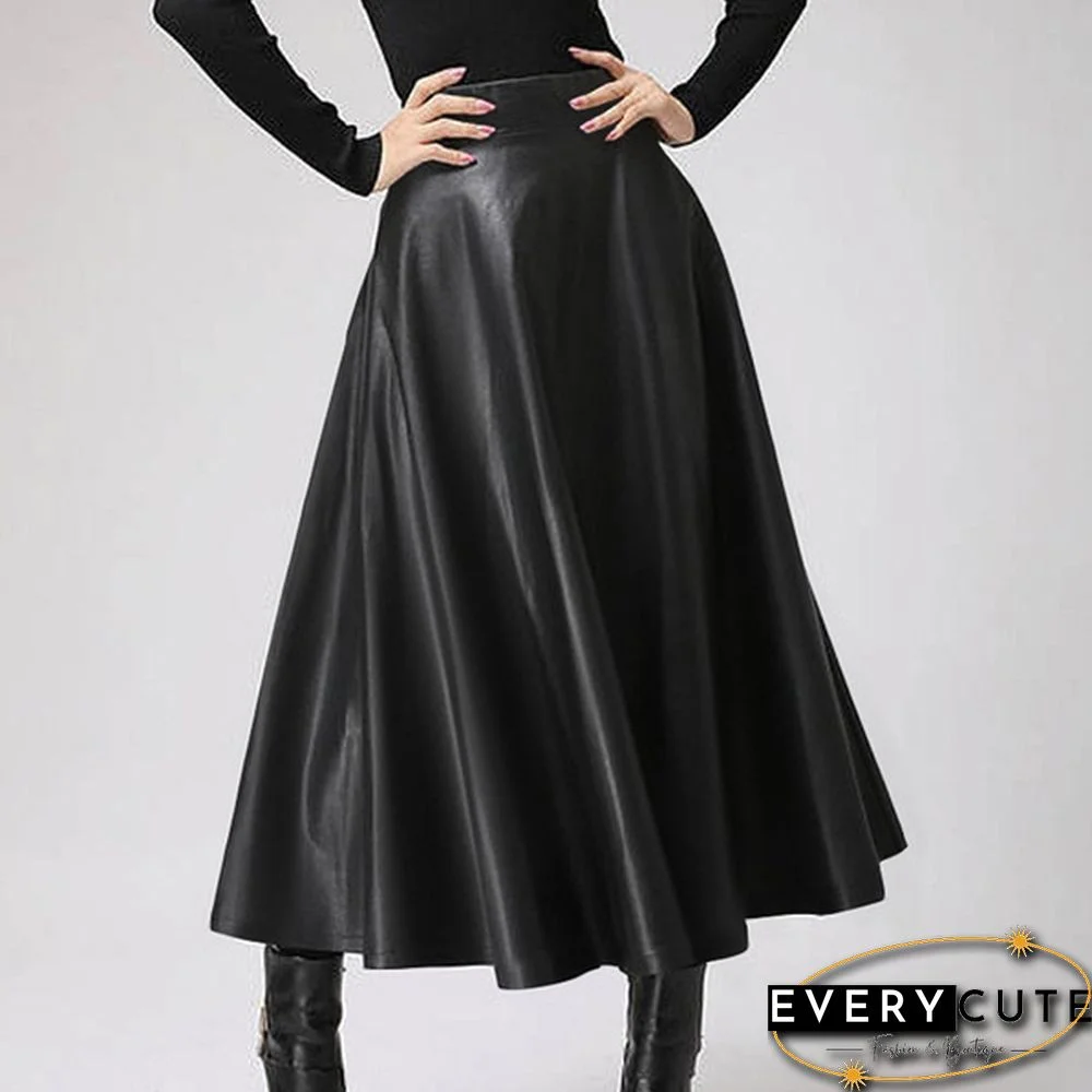 S- Women Faux Leather Vintage Maxi Long Skirts High Waist Pleated Big Swing Skirt Dress