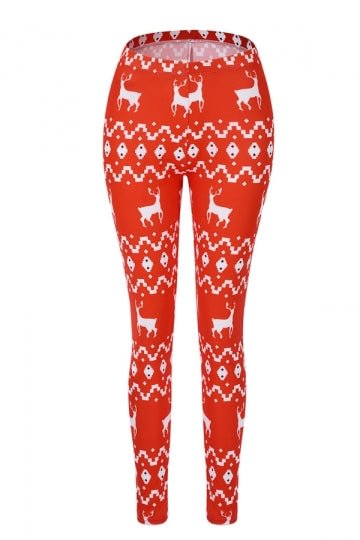 Womens Christmas Reindeer Leggings Red-elleschic