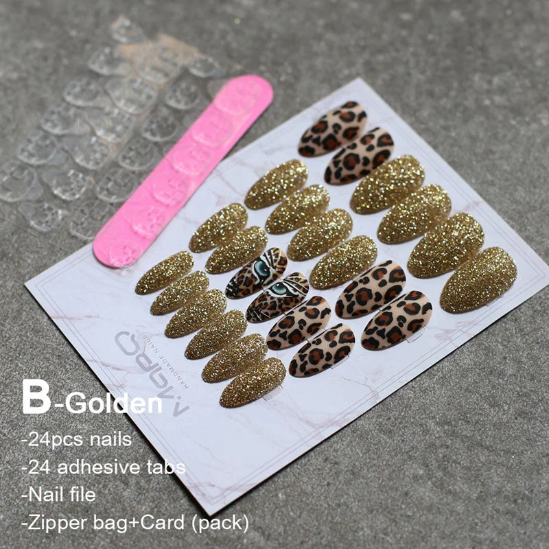 Matte tiger Nail Acrylic Fake nail black box Leopard Accent Press on Nails coffee flash stiletto false nails brown glitter Gold-Nail Inspo