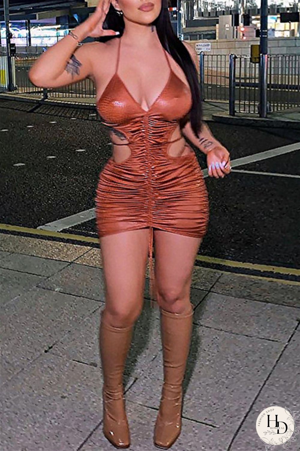 Brown Sexy Solid Bandage Draw String Backless Halter Sling Dress