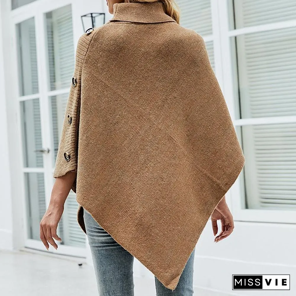 High Neck Plain Button Embellished Sweater Shawl