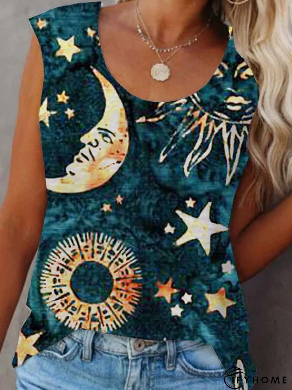 Graphic Sleeveless Printed Cotton-blend Crew Neck Vintage Summer Blue Top | IFYHOME