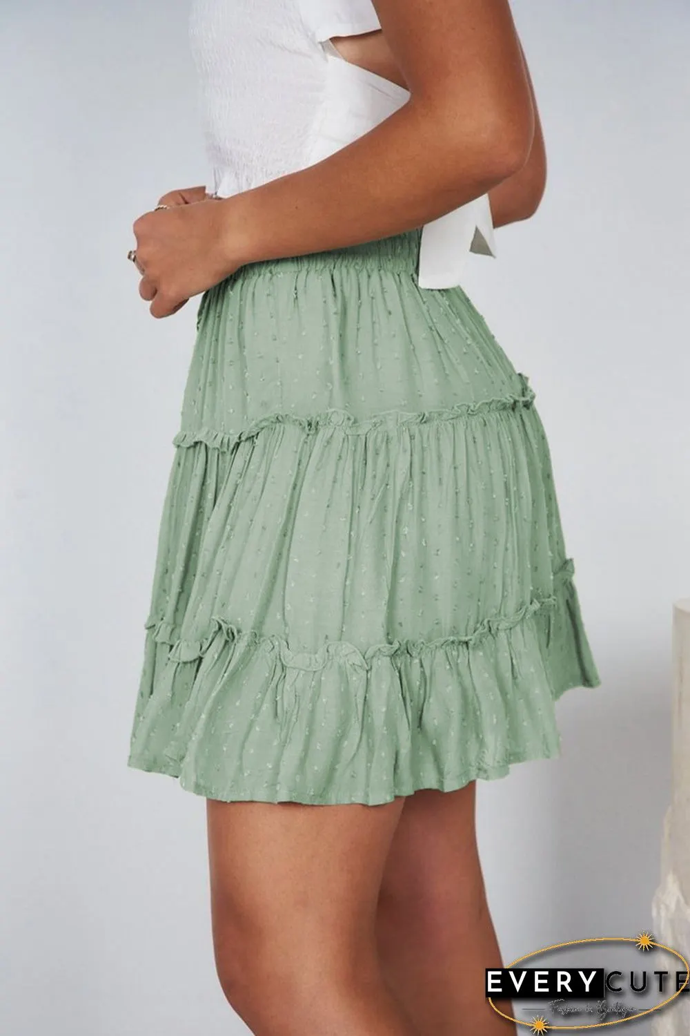 Smocked Waist Swiss Dot Frilled Tiered Mini Skirt