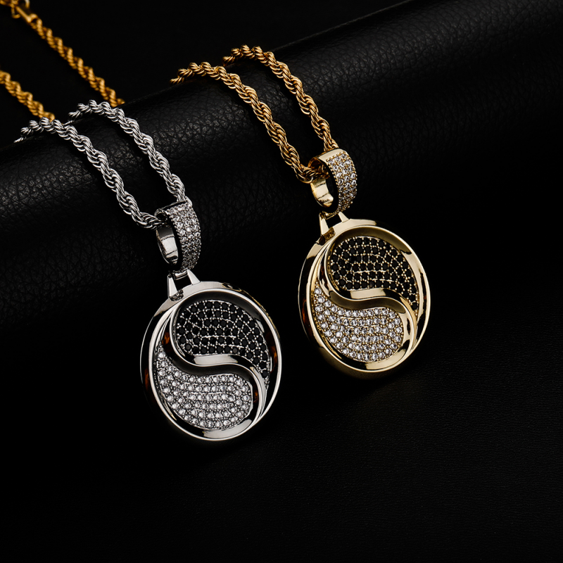 Iced Out Tai Chi Pendant 14K Gold Plated Necklace Hip Hop Jewelry-VESSFUL