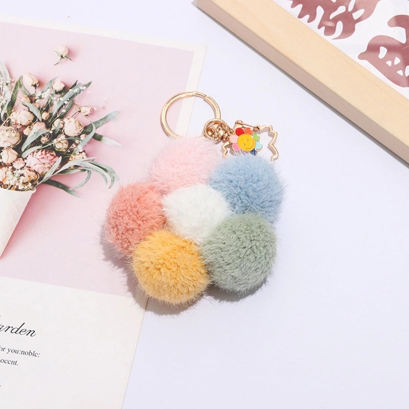 Colorful Small Flower Fur Ball Keychain Bag Ornaments Small Decorative Metal Alloy Flower Plush Key Pendant