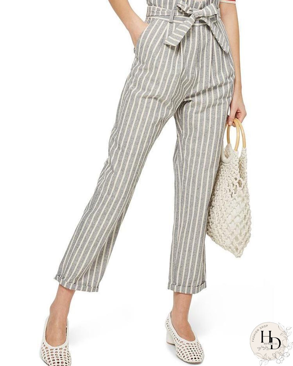 Striped Belted High Waist Roll Up Hem Pants P15550