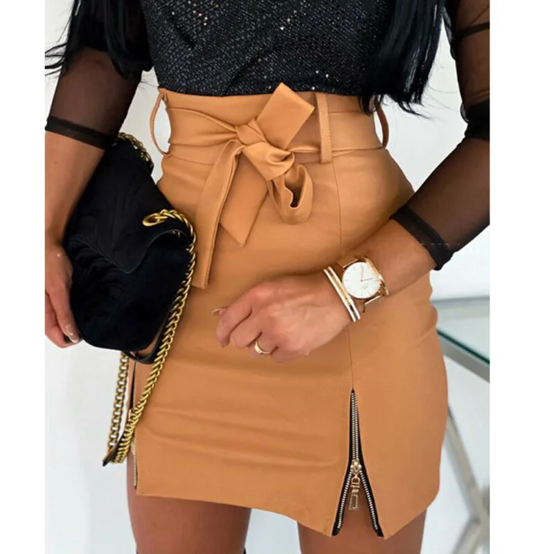 Abebey Fashion Women Skirt Mini Slim Skirt High Waist Split Office Ladies PU Leather Pencil Bodycon Skirt