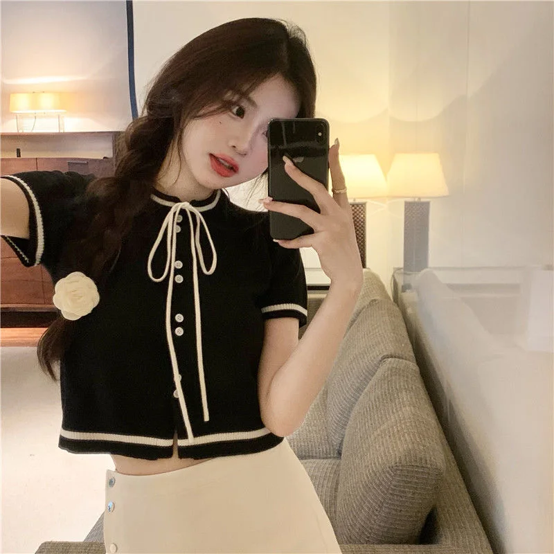 Uveng Uveng Fragrant Neckline With Black Thin Knitted Short-Sleeved T-Shirt For Women 2023 New Summer Short Ice Silk Top