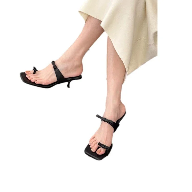 Wongn Wongn Summer New Fashion Korean Version Bow Set Toe High Heel Slipper Thin Sandals Women's Shoes