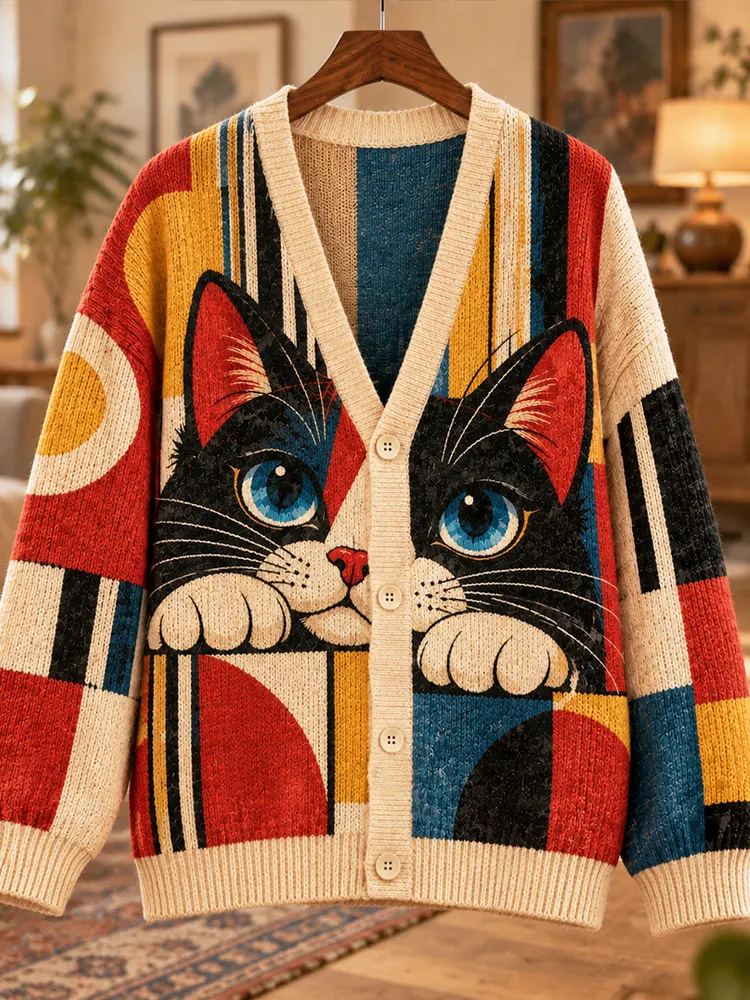 Comstylish Women's Geometric Cat Print V-neck Knit Cardigan