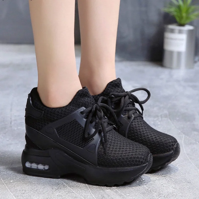 Women Platform Wedge Heels Casual Shoes Breathable Mesh High Heel Autumn Casual Shoes Height Increasing Woman Outdoor Shoes