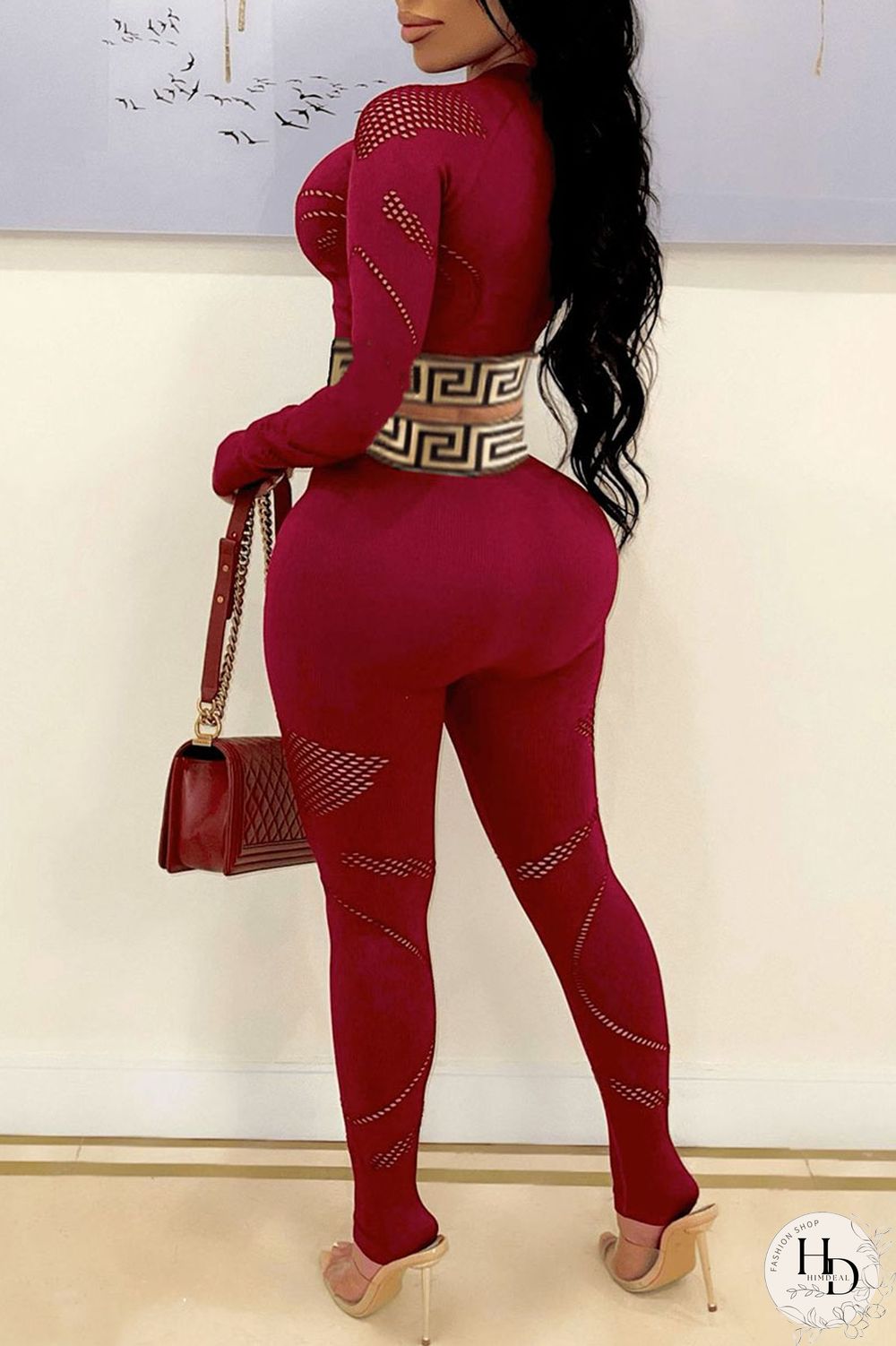 Burgundy Casual Print Split Joint O Neck Long Sleeve Two Pieces