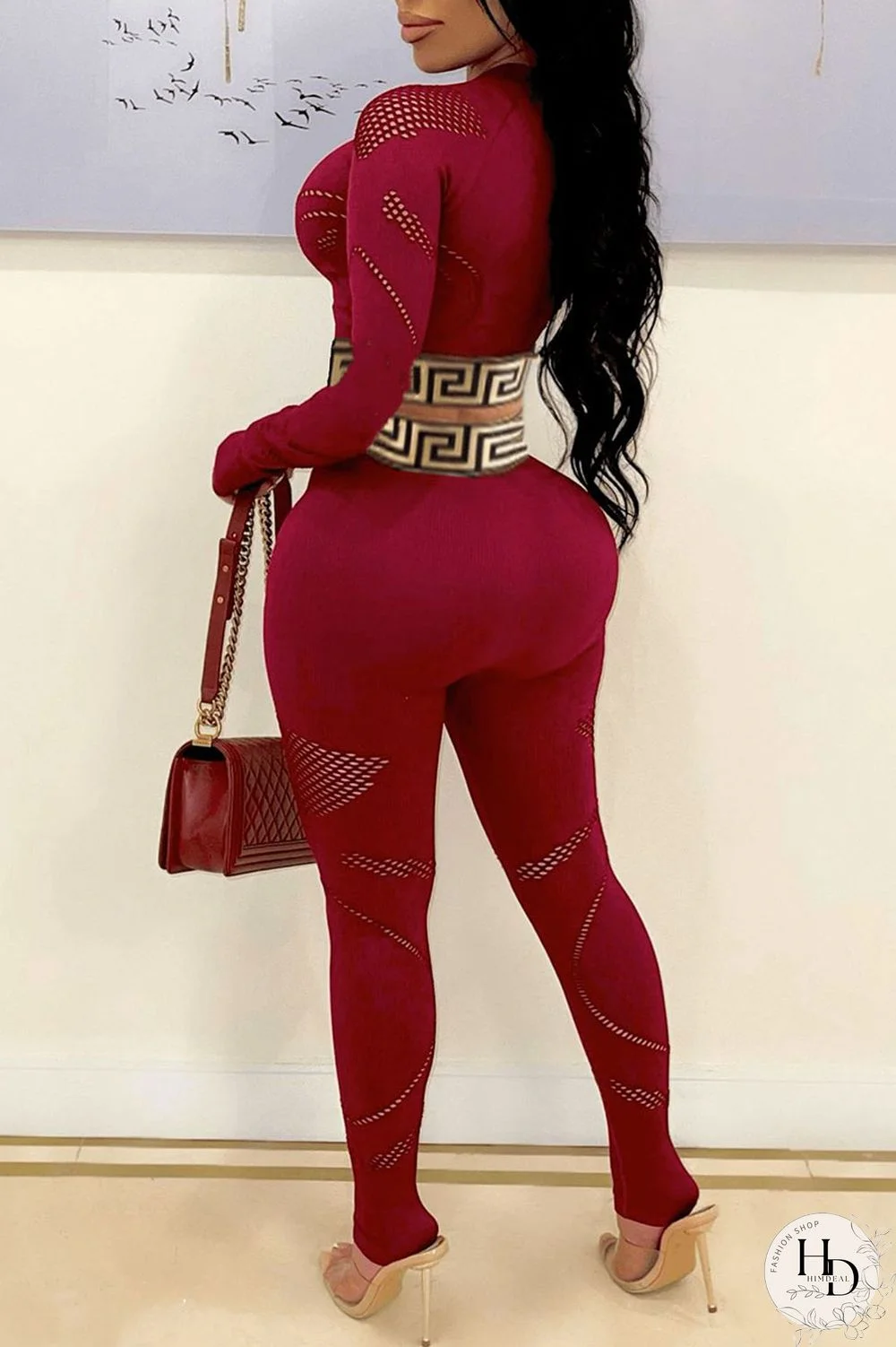 Burgundy Casual Print Split Joint O Neck Long Sleeve Two Pieces