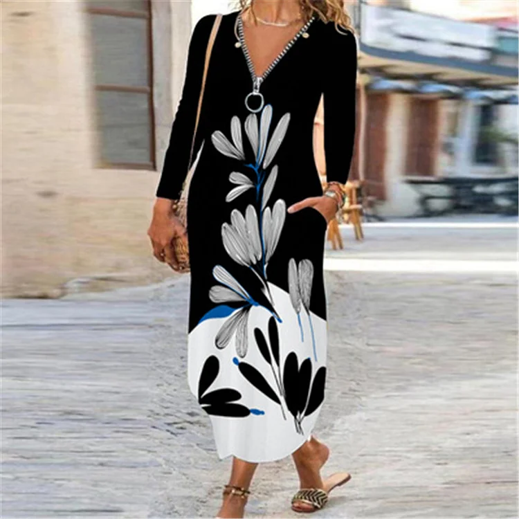 Retro Elegant Fashion Long Sleeve Zipper V Neck Print Irregular Casual Midi Dress