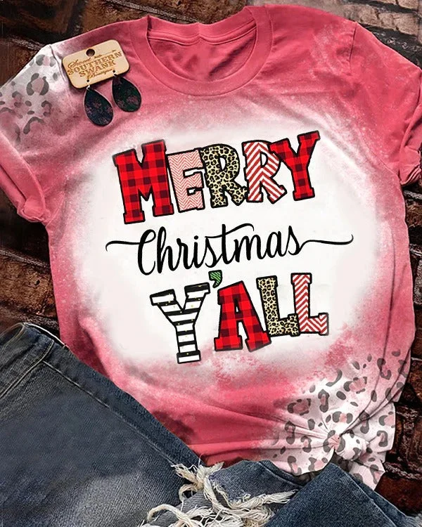 Merry Christmas Y'all Plaid Print T-shirt