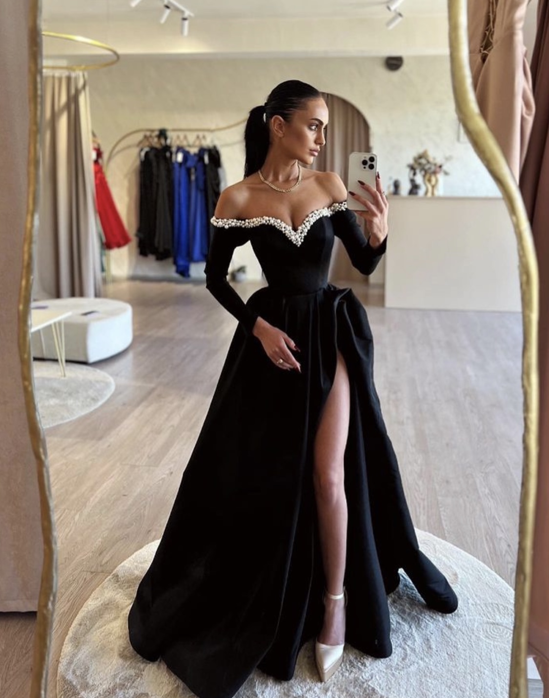 Oknass Chic Black Long Sleeve Off the Shoulder Split A-Line Prom Dress