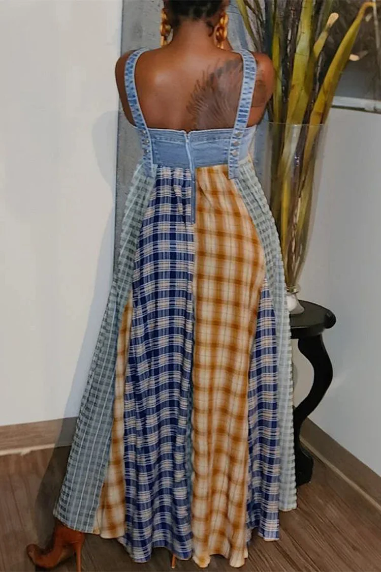 Plus Size Daily Multicolor Casual Plaid Contrast Denim Maxi Dresses [Pre-Order]