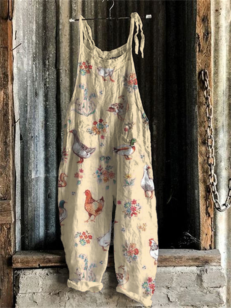 Comstylish Chicken & Ducks Floral Pattern Casual Jumpsuit