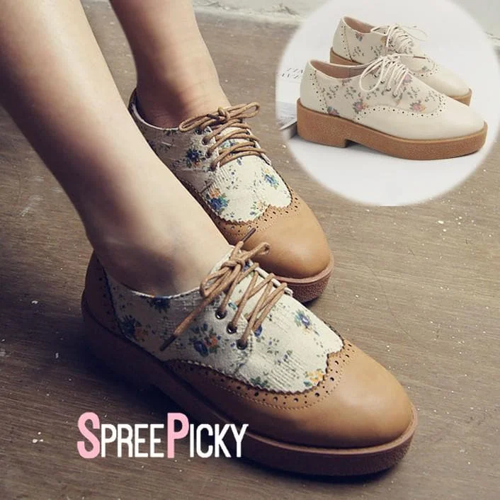 Brown/Beige Floral Laced Shoes SP179307