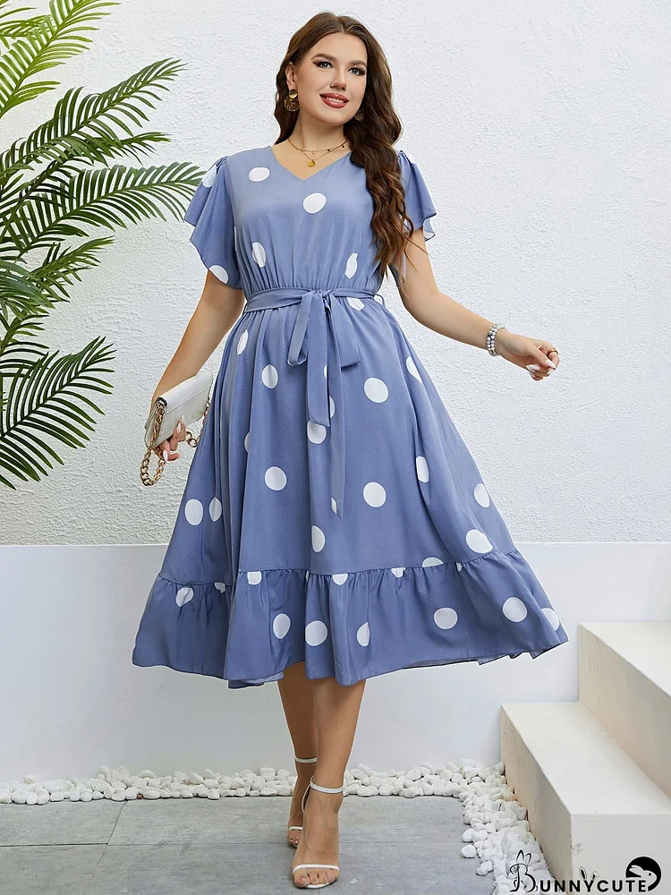 Polka Dot Belted Flutter Sleeve Ruffle Hem Dress