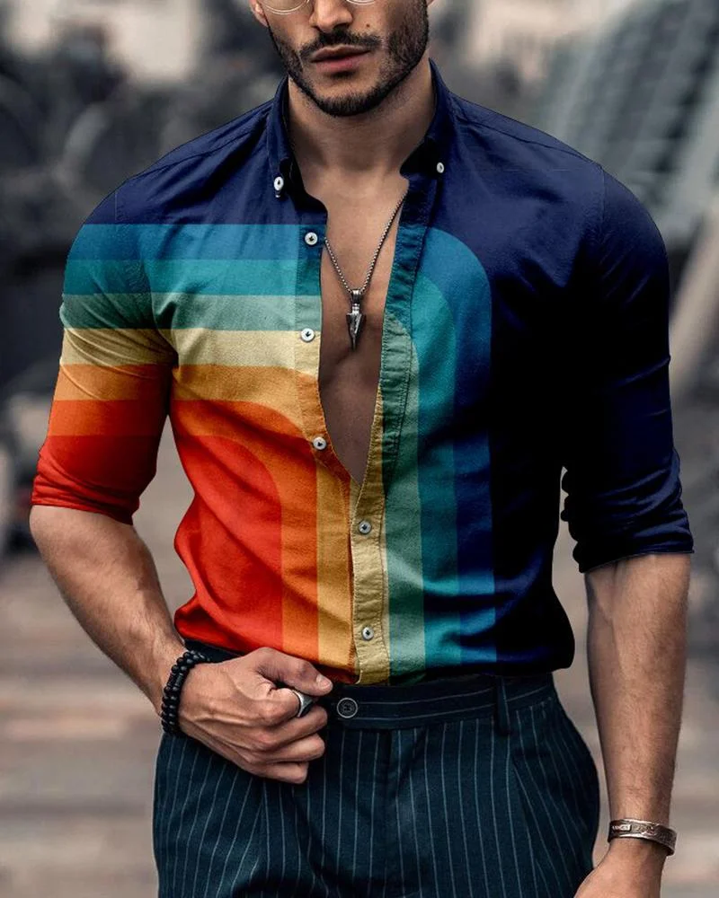 Men's Fashion Rainbow Abstract Printing Long-Sleeved Shirt