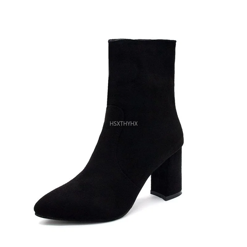 2022 New Short Boots Women's Shoes Autumn and Winter Thick-heeled Elastic Women's High-heel Pointed Toe  Mar Boots Women